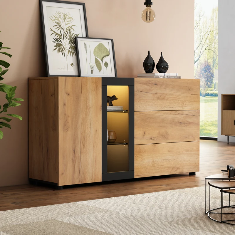Buffet effet bois avec vitrine éclairage LED 3 tiroirs GHURGAX