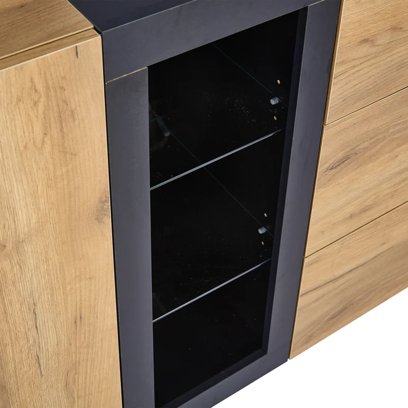 Buffet effet bois avec vitrine éclairage LED 3 tiroirs GHURGAX