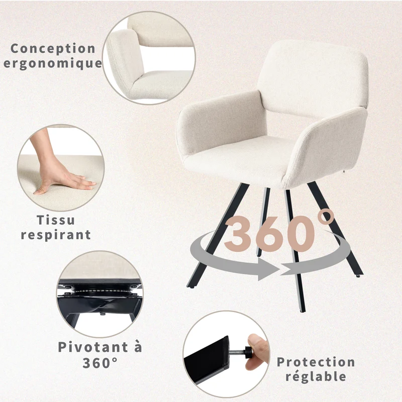 Lot de 4 chaises de salle à manger scandinaves rotative tissu beige CALIFORNIA KD BEIGE SWIVEL X2