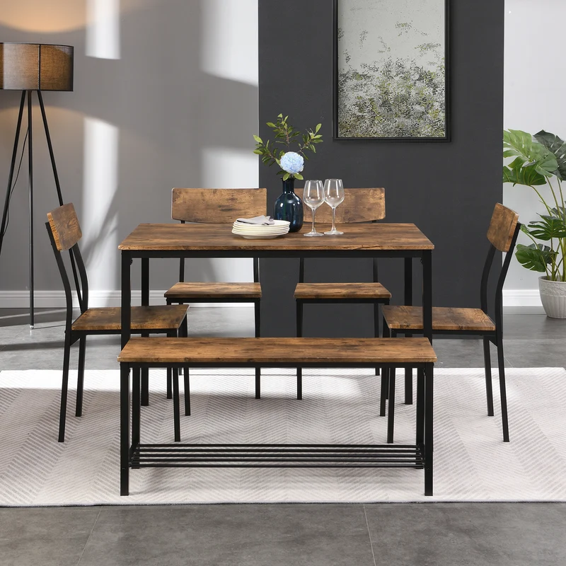 Ensemble de table et 4 chaises avec un banc et son grillage pour rangement industriel effet bois QUSCUKS