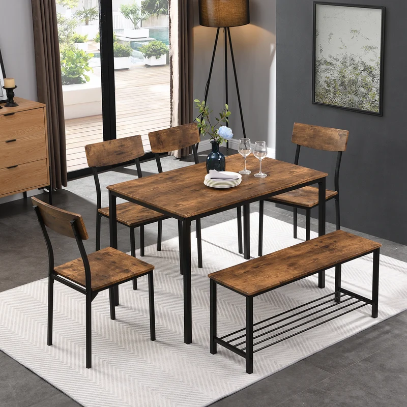 Ensemble de table et 4 chaises avec un banc et son grillage pour rangement industriel effet bois QUSCUKS