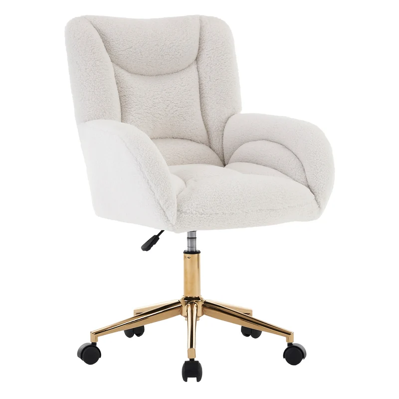 Chaise de bureau ergonomique en tissu teddy blanc, hauteur réglable, pieds dorés, 64x62x92,5cm ALUMINUMRACK