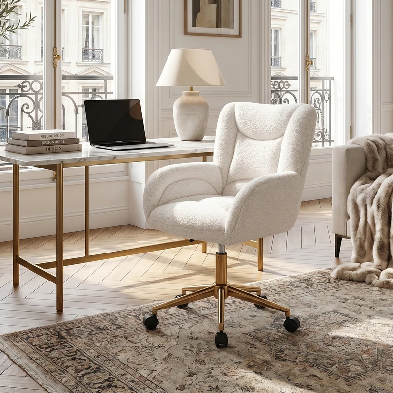 Chaise de bureau ergonomique en tissu teddy blanc, hauteur réglable, pieds dorés, 64x62x92,5cm ALUMINUMRACK