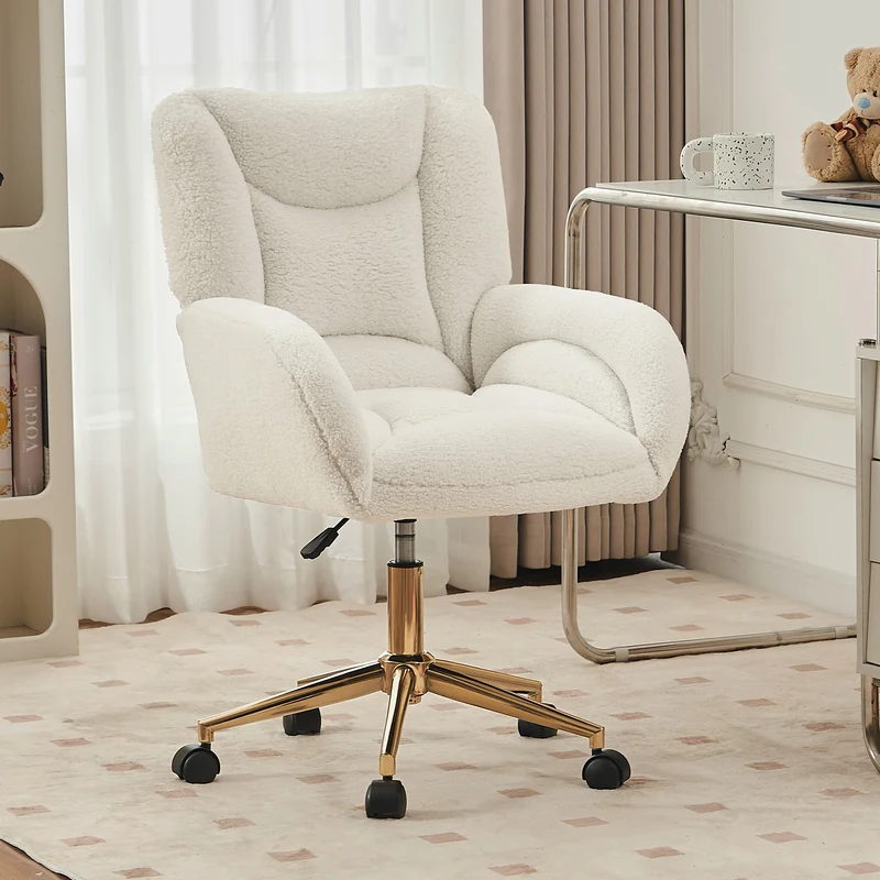 Chaise de bureau ergonomique en tissu teddy blanc, hauteur réglable, pieds dorés, 64x62x92,5cm ALUMINUMRACK