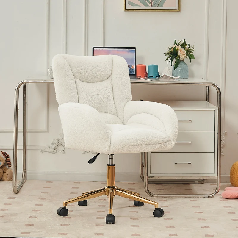 Chaise de bureau ergonomique en tissu teddy blanc, hauteur réglable, pieds dorés, 64x62x92,5cm ALUMINUMRACK