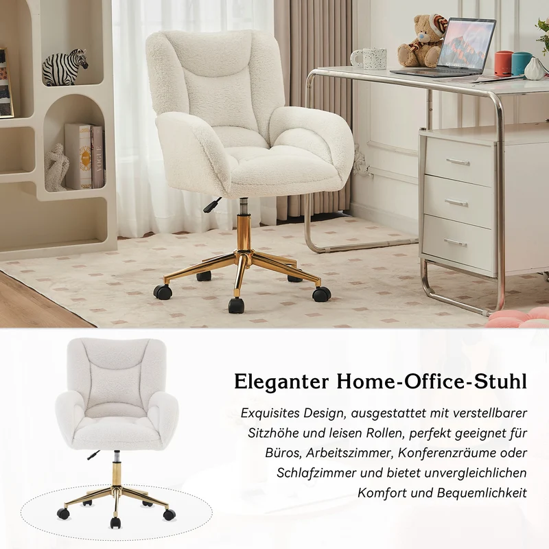 Chaise de bureau ergonomique en tissu teddy blanc, hauteur réglable, pieds dorés, 64x62x92,5cm ALUMINUMRACK