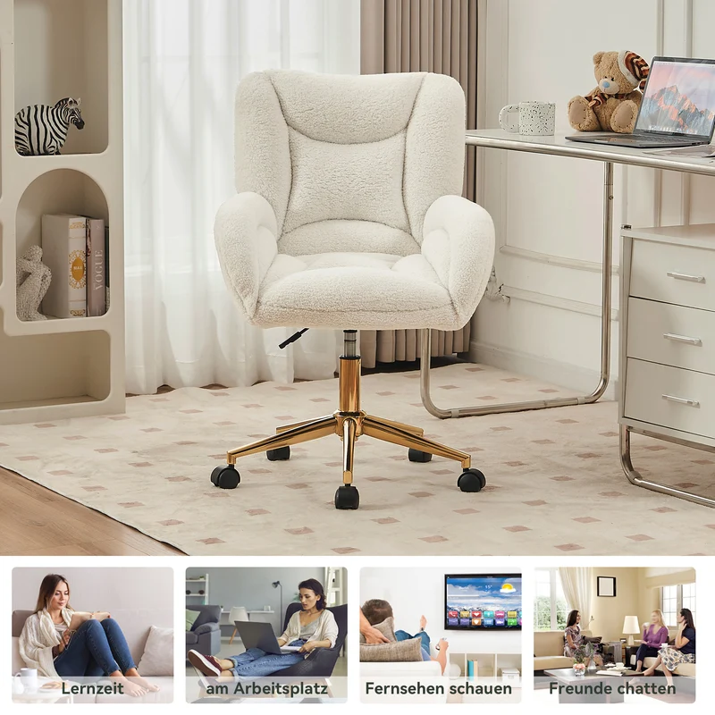 Chaise de bureau ergonomique en tissu teddy blanc, hauteur réglable, pieds dorés, 64x62x92,5cm ALUMINUMRACK