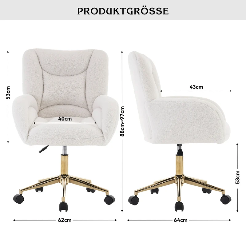 Chaise de bureau ergonomique en tissu teddy blanc, hauteur réglable, pieds dorés, 64x62x92,5cm ALUMINUMRACK