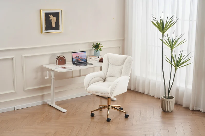 Chaise de bureau ergonomique en tissu teddy blanc, hauteur réglable, pieds dorés, 64x62x92,5cm ALUMINUMRACK