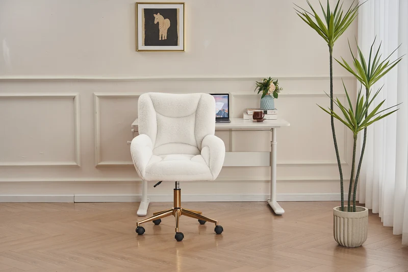 Chaise de bureau ergonomique en tissu teddy blanc, hauteur réglable, pieds dorés, 64x62x92,5cm ALUMINUMRACK