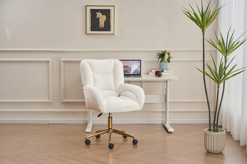Chaise de bureau ergonomique en tissu teddy blanc, hauteur réglable, pieds dorés, 64x62x92,5cm ALUMINUMRACK