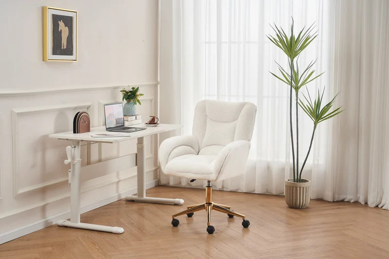 Chaise de bureau ergonomique en tissu teddy blanc, hauteur réglable, pieds dorés, 64x62x92,5cm ALUMINUMRACK