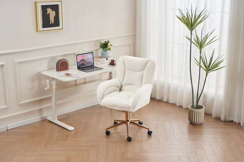 Chaise de bureau ergonomique en tissu teddy blanc, hauteur réglable, pieds dorés, 64x62x92,5cm ALUMINUMRACK
