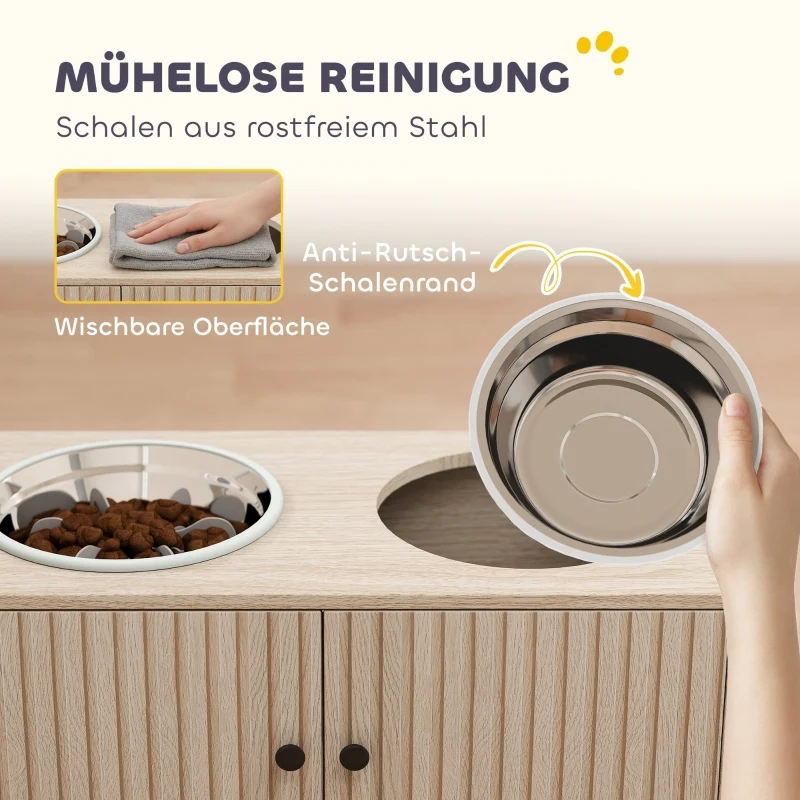 Capering Station d'alimentation pour grands chiens 60x30x35,5 cm – Bois chêne, 2 gamelles inox, rangement intégré