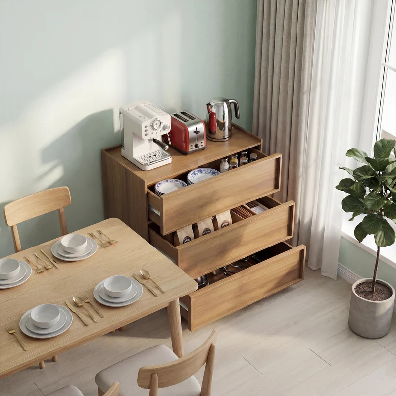 Buffet commode effet bois chêne 3 tiroirs 80x48x78cm ELYSIUME