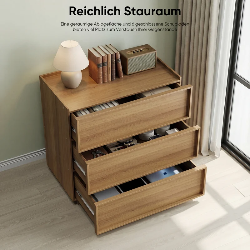 Buffet commode effet bois chêne 3 tiroirs 80x48x78cm ELYSIUME