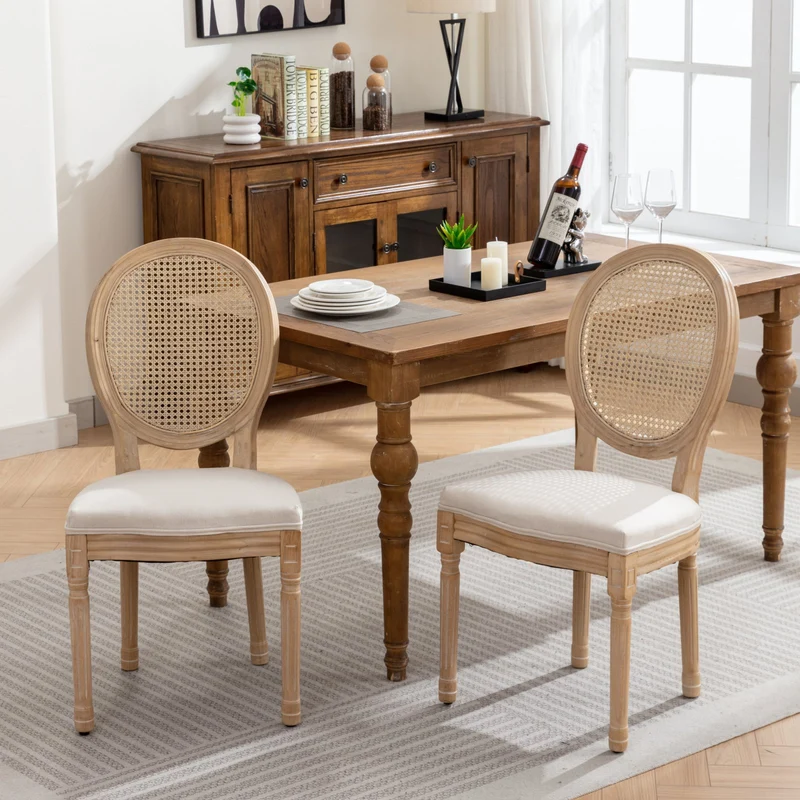 Lot de 2 chaises de salle à manger médaillon en bois massif, et lin beige, dossier rotin HOLOBIONT