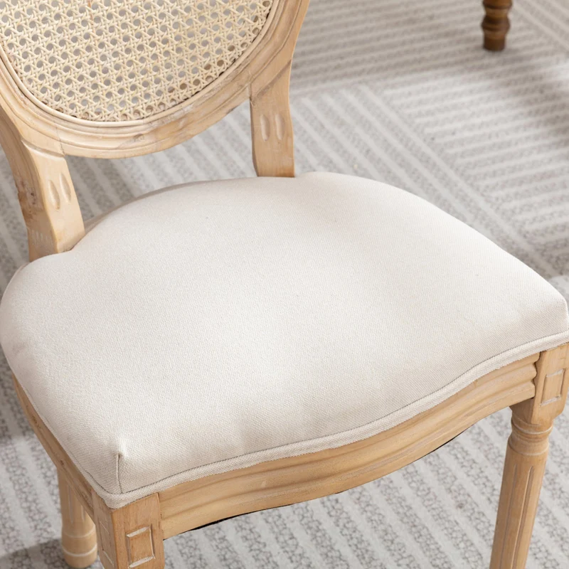 Lot de 2 chaises de salle à manger médaillon en bois massif, et lin beige, dossier rotin HOLOBIONT