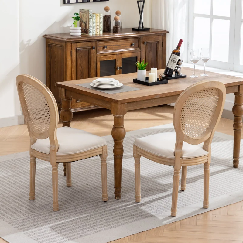 Lot de 2 chaises de salle à manger médaillon en bois massif, et lin beige, dossier rotin HOLOBIONT