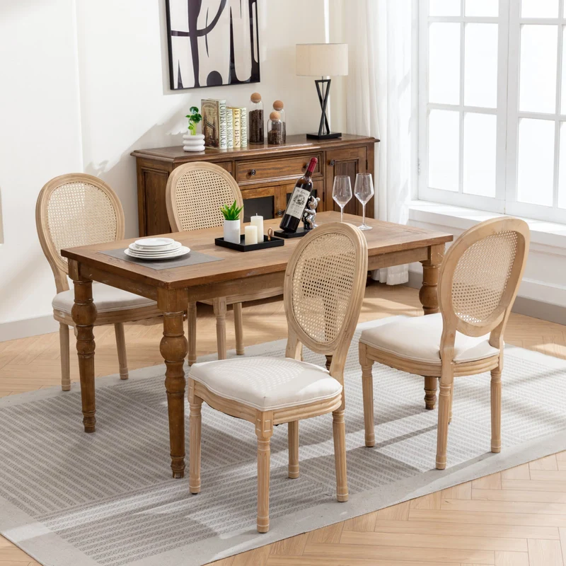 Lot de 2 chaises de salle à manger médaillon en bois massif, et lin beige, dossier rotin HOLOBIONT