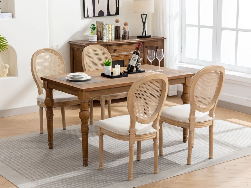 Lot de 2 chaises de salle à manger médaillon en bois massif, et lin beige, dossier rotin HOLOBIONT
