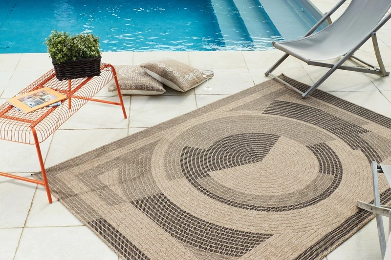 Tapis aspect jute nature motifs circulaires noirs - Nature