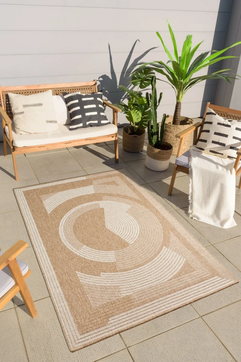 Tapis aspect jute nature motifs circulaires blancs - Nature
