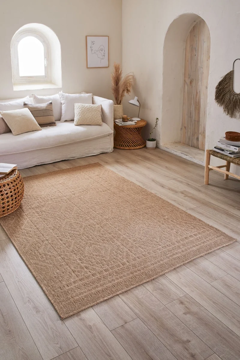 Tapis de salon - intérieur extérieur - aspect jute naturel - motifs géométriques beige - Nature