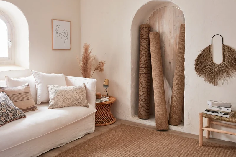 Tapis de salon - intérieur extérieur - aspect jute naturel - motifs géométriques beige - Nature
