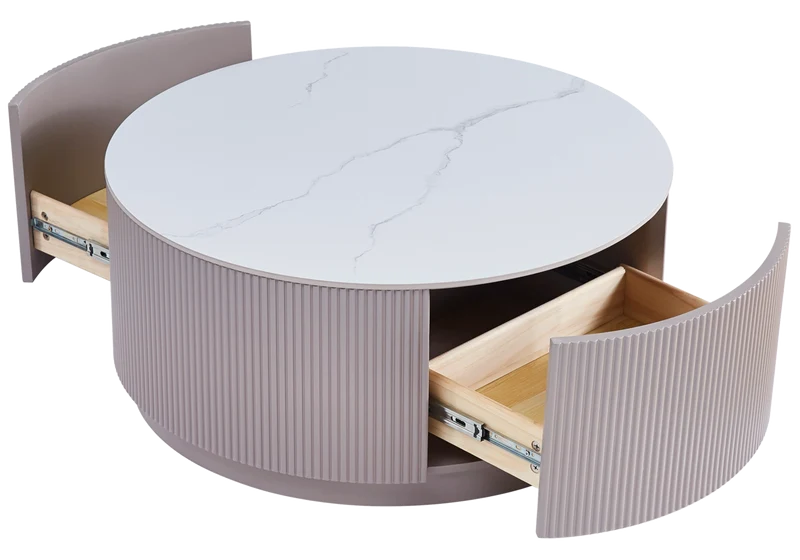 Table basse ronde marbre blanc bois avec tiroirs - Lucia