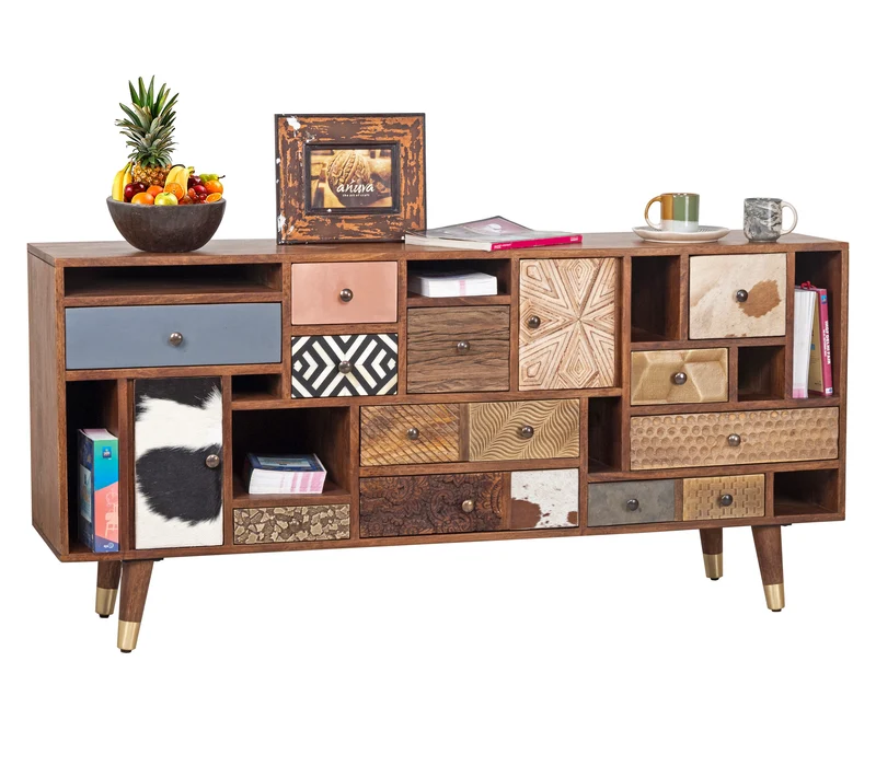 Buffet 11T 2P multi-matériaux peau de vache bois sculpté | Manguier Terranova