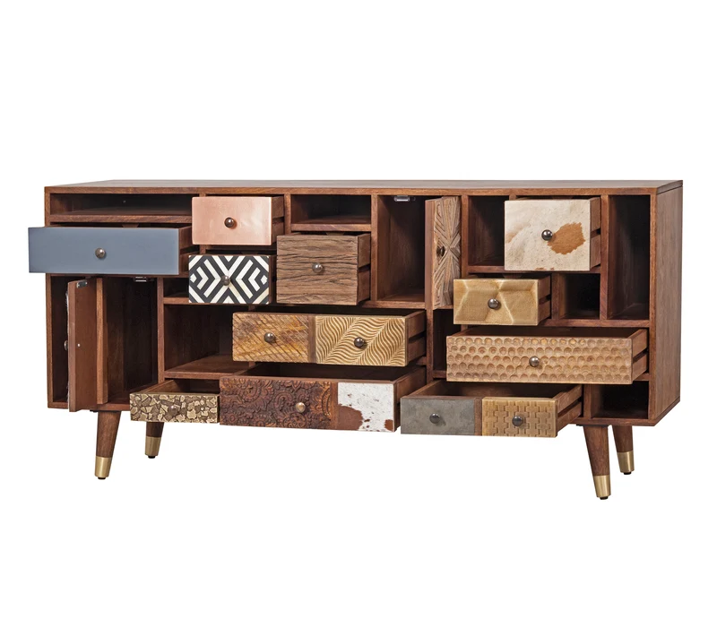 Buffet 11T 2P multi-matériaux peau de vache bois sculpté | Manguier Terranova