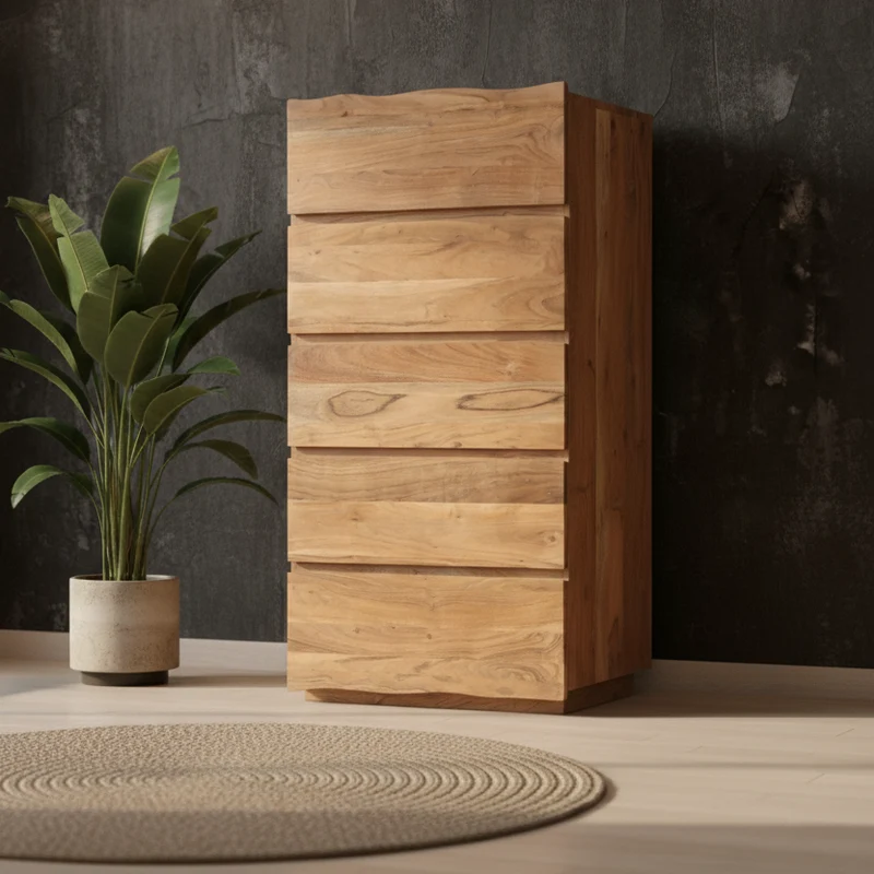 Chiffonnier haut 5 tiroirs en bois massif acacia | Bunting