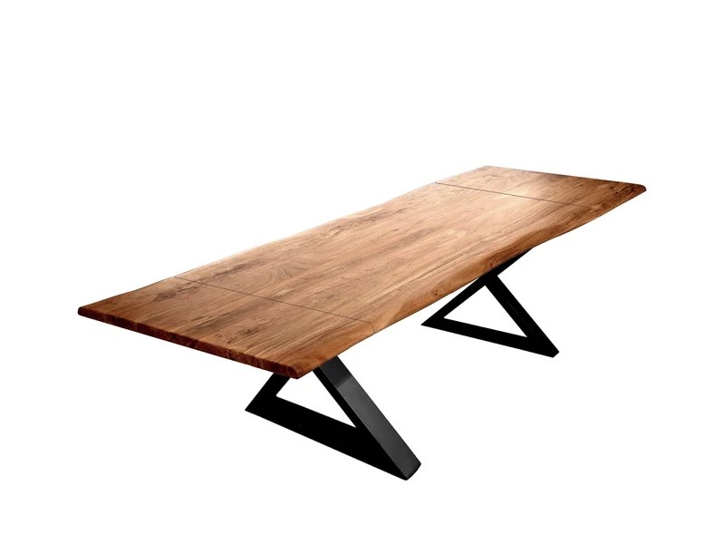 Table à dîner extensible acacia 1.5" bord naturel champagne base X