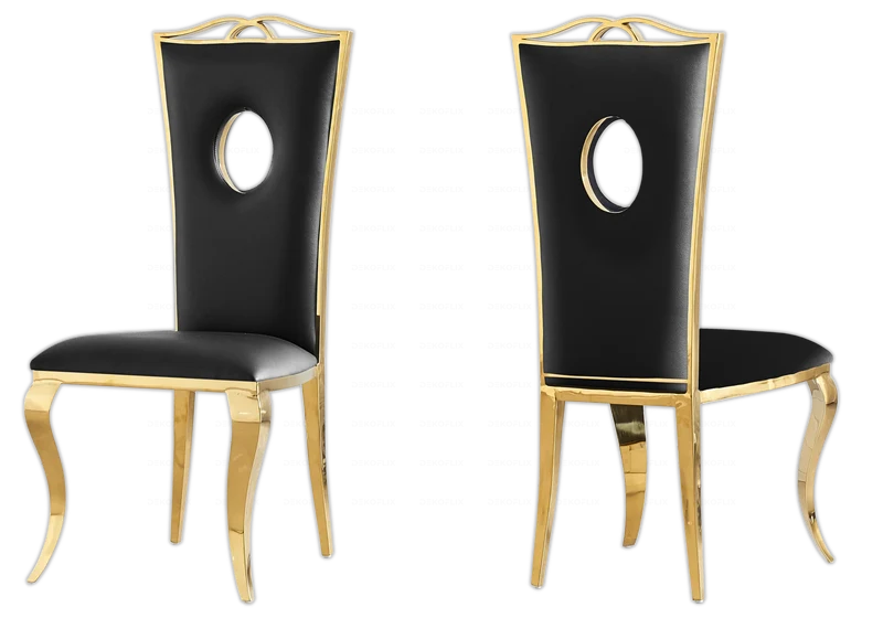 Chaise médaillon baroque dorée et similicuir noir - Pia x4