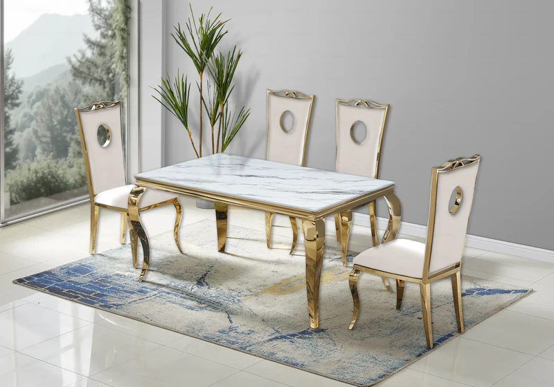 Chaise médaillon baroque dorée et velours beige - Pia x4