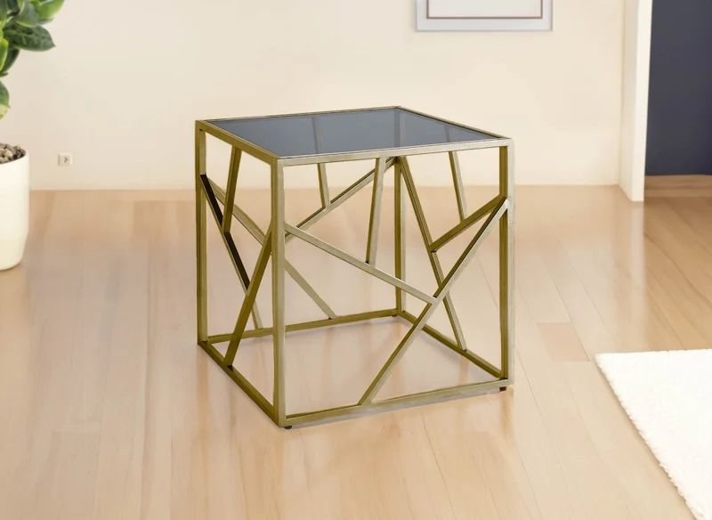 Table basse design en verre noir et métal doré carrée SOLAL