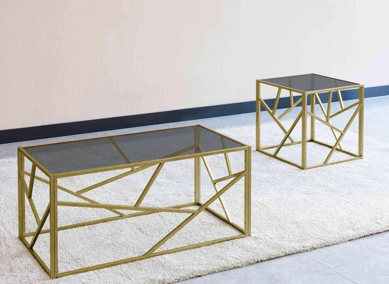 Table basse design en verre noir et métal doré carrée SOLAL