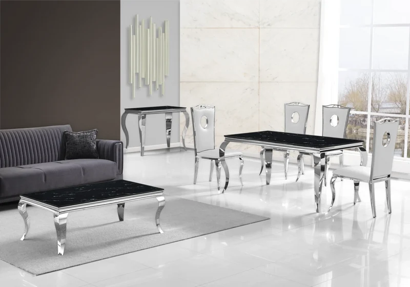 Salle à manger complète marbre noir argent – Neo