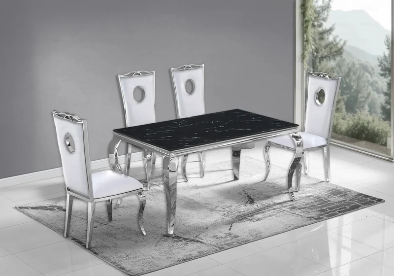 Salle à manger complète marbre noir argent – Neo