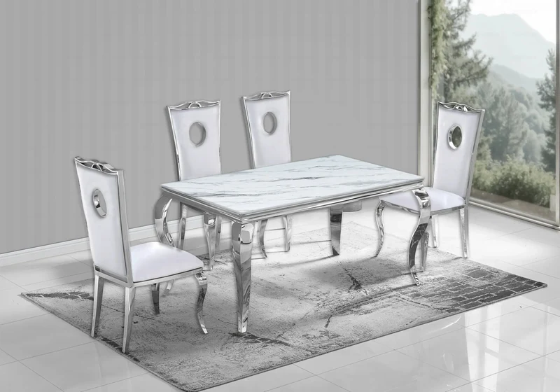 Salle à manger complète marbre blanc argent – Neo