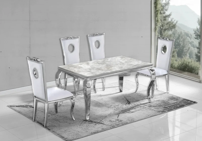 Salle à manger complète marbre beige argent – Neo