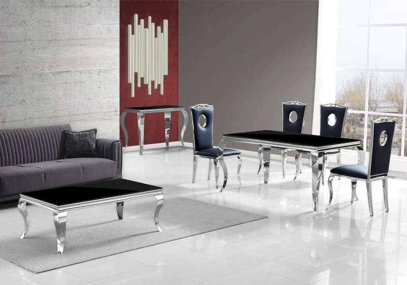 Salle à manger complète verre noir argent – Neo