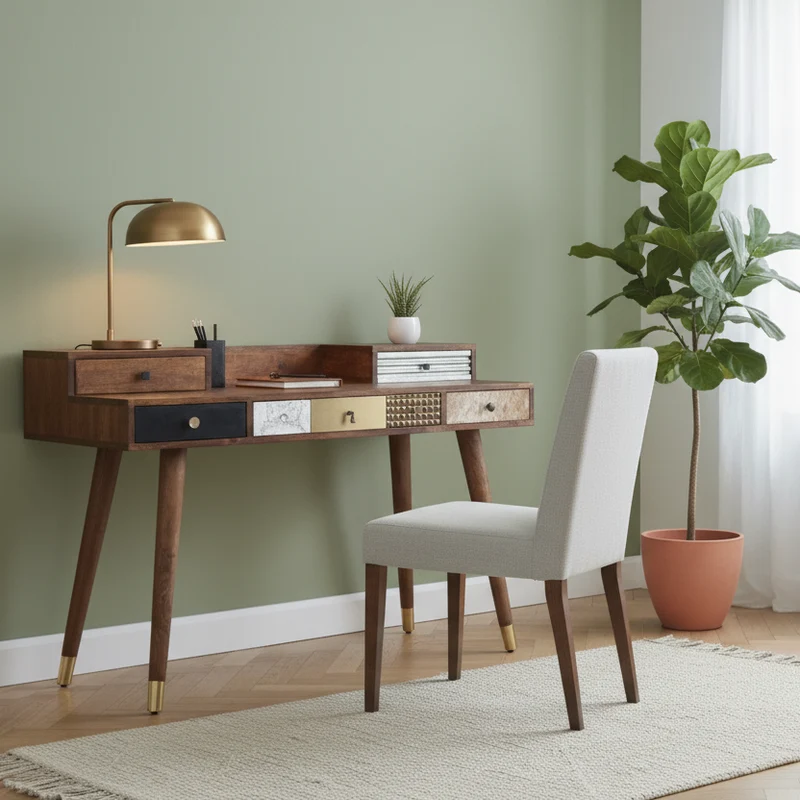 Bureau multi-matériaux peau de vache bois sculpté | Manguier Terranova