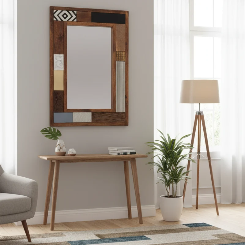 Miroir multi-matériaux peau de vache bois sculpté | Manguier Terranova