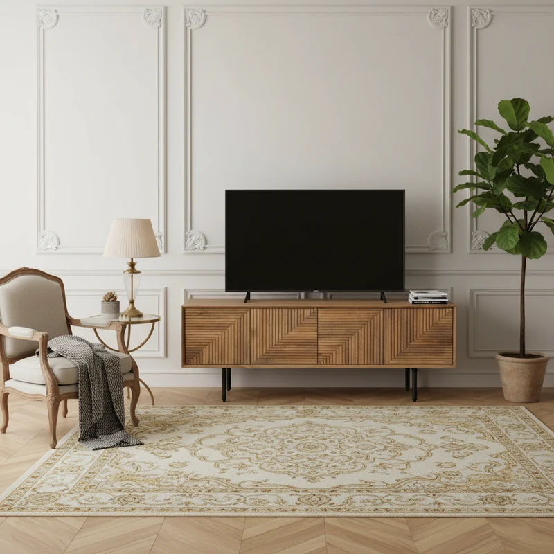 Meuble Tv bois sculpté motif géométrique 4P | Manguier Maglan