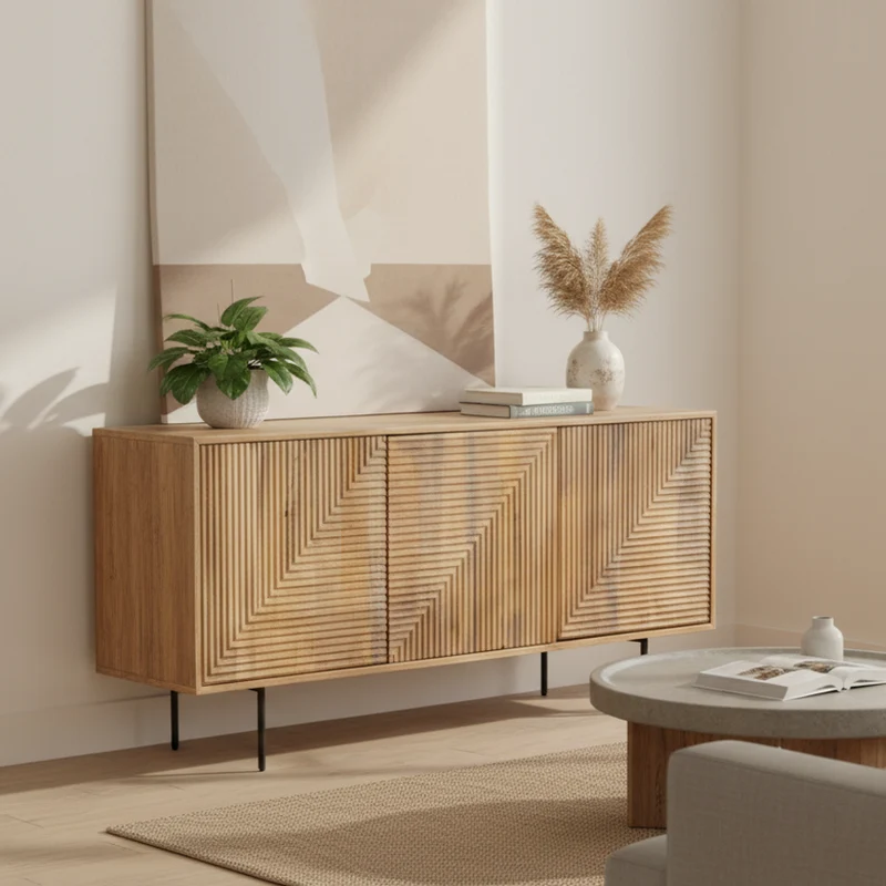 Buffet bas bois sculpté motif géométrique 3P | Manguier Maglan