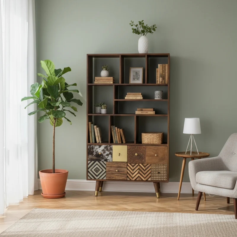 Etagère multi-matériaux peau de vache bois sculpté | Manguier Terranova