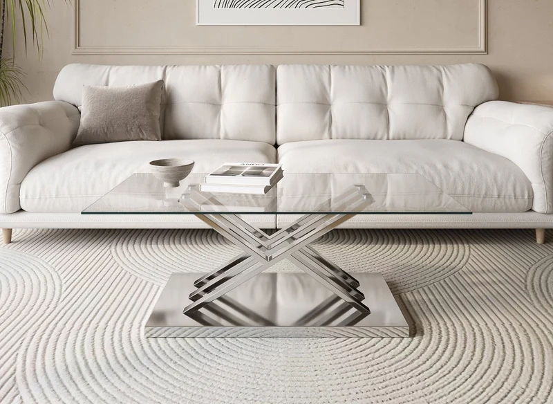 Table basse rectangulaire design avec pieds géométrique argentés NELLA