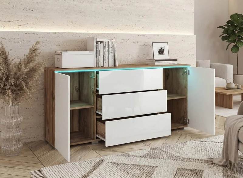 Buffet commode 2 portes 3 tiroirs chêne et blanc avec LED - ALEXIA